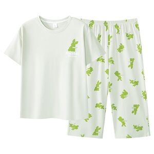 100% Cotton Women Capri Pajama Set 2Pcs Short Sleeve Top Capris pants Sleepwear